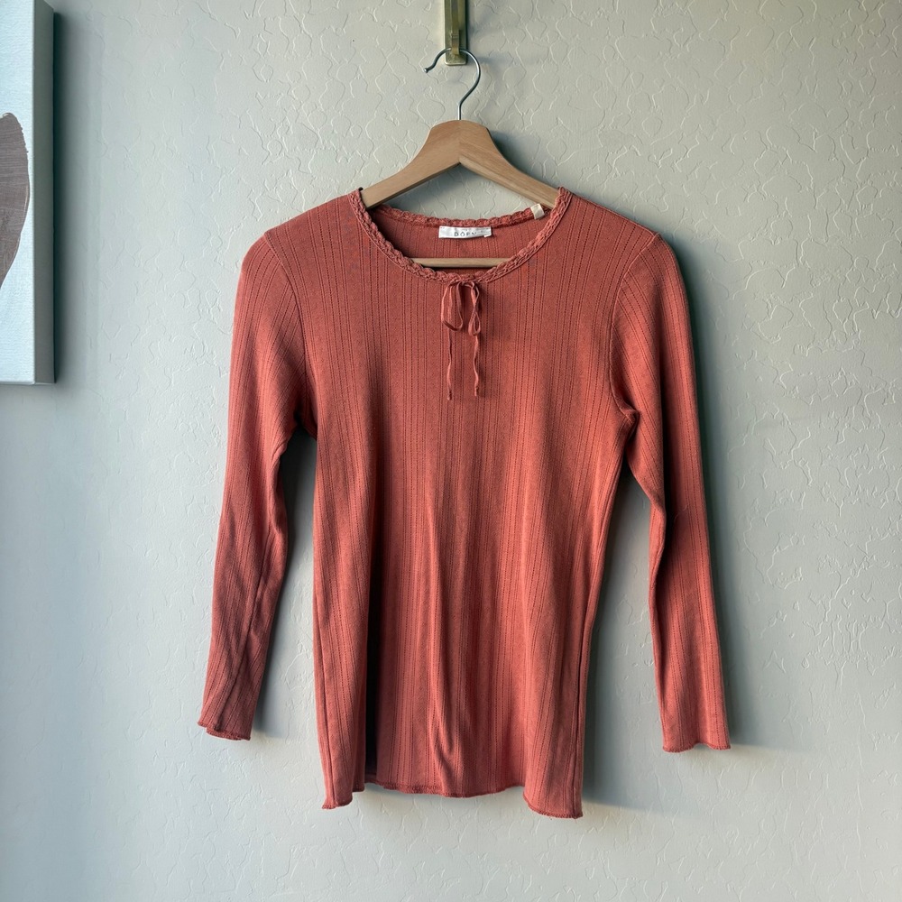 DOEN Annie Terracotta Pointelle Knit Long Sleeve Cotton Tie Neck Top S